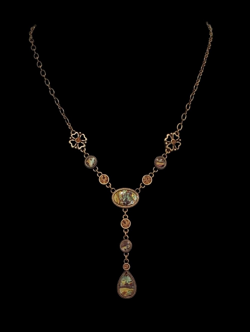 Vintage Estate Avon Signed NRT Antiqued Gold-Tone Art Deco Style Y-Drop Necklace